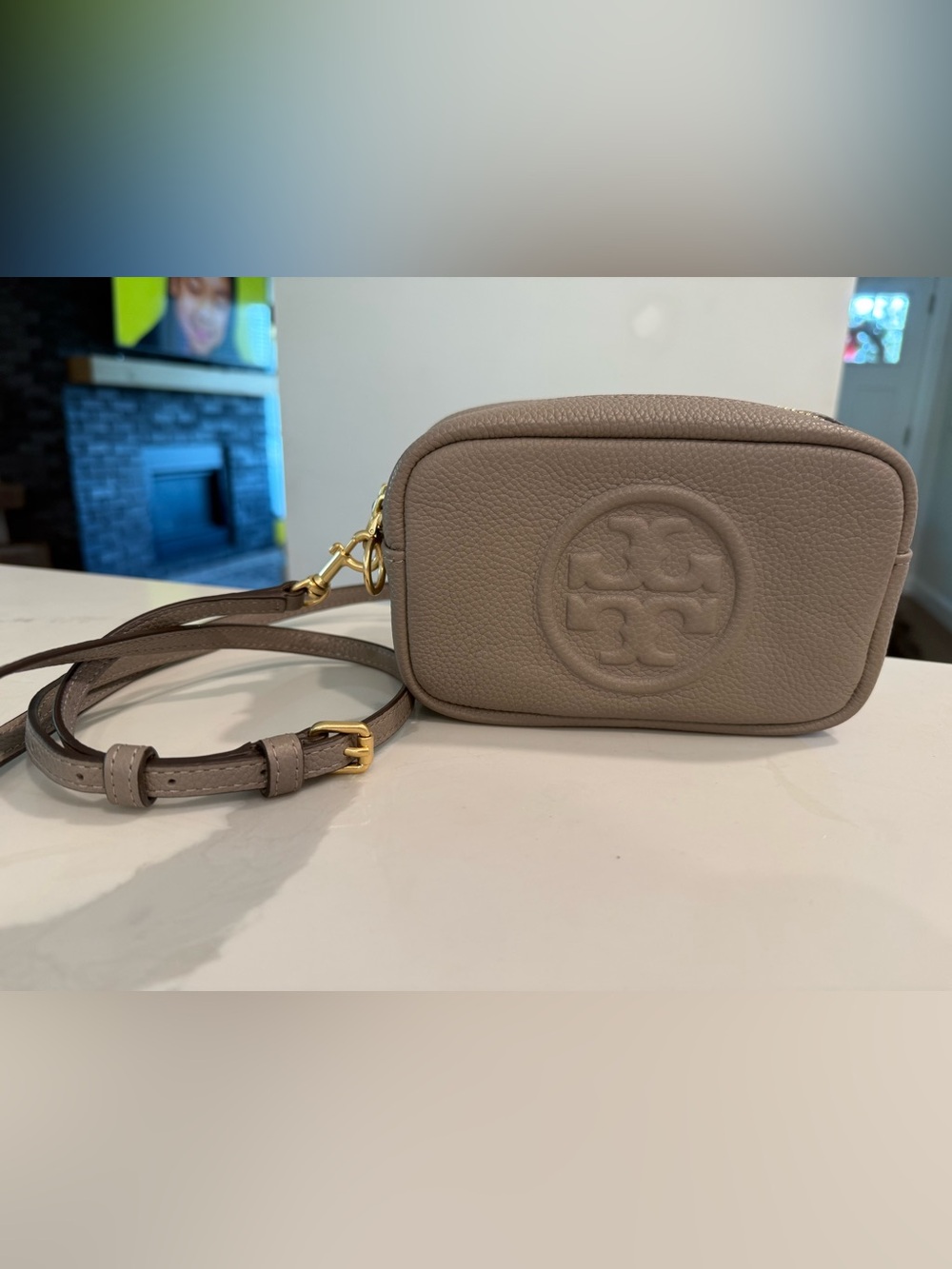 Tory Burch Pebbled Leather Taupe Crossbody Camera Bag with Gold Hardware